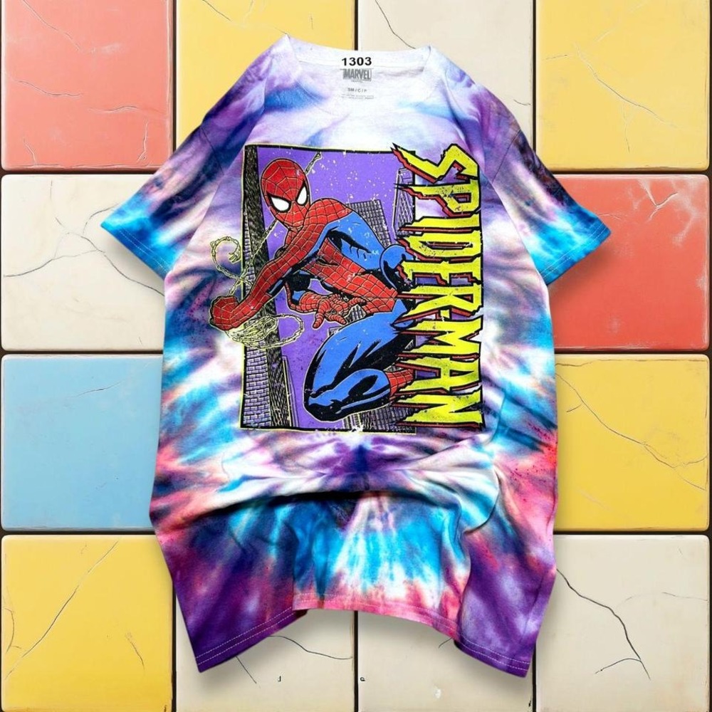 Spiderman Marvel Tie Dye Comic Tee Y2K Men S White Blue Movie AOP Promo Shirt